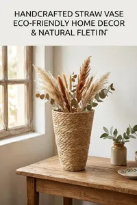 Detailaufnahme der handgefertigten Stroh-Vase dekoriert mit schönem Trockengras.