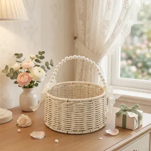 Detailed view of the elegant woven basket featuring a delicate pearl handle and cozy room decor.