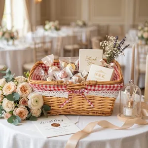 Handgewebter Weiden-Picnickorb mit rot-weißem Futter und Spitzenbesitz für Geschenke.