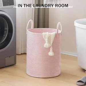 Nordic Pink Woven Cotton Rope Laundry Basket Portable Storage Basket Toy Sundries Organizer