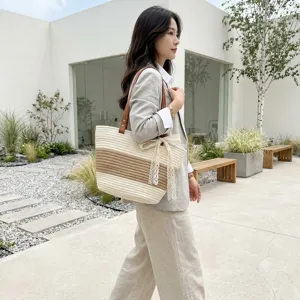 Sac cabas tissé pour femmes, grand sac d'épaule rayé avec nœud en dentelle pour plage.