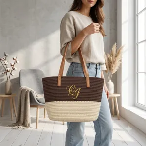 Handmade cotton woven tote bag stylish contrast color shoulder bag for women daily use
