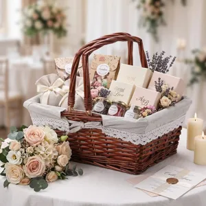 Handgemachter geflochtener Weidenkorb mit zwei Griffen und Spitzenfutter, ideal für Geschenke.