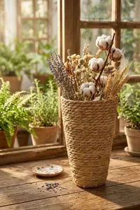 Handgemachter Blumenkorb aus Rohrkolben mit getrocknetem Baumwoll- und Lavendel-Dekor.