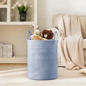 Nordic blue cotton rope laundry basket woven storage bin with handles for home toys