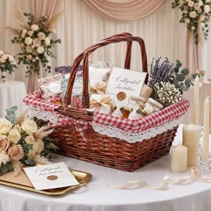 Handgepfaelter Weiden-Picknickkorb mit rot-weissem Karostoff-Futter, ideal als Geschenk-Aufbewahrung.