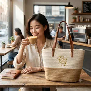 Handmade cotton woven tote bag detail showing texture, stylish shoulder strap and embroidery.
