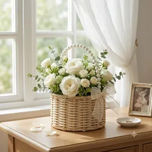 Detail view of a woven flower basket with pearl handle, white roses, and elegant ribbon bow.
