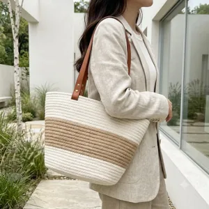 Vue détaillée du sac cabas tressé rayé, grand sac en paille pour la plage et le travail.