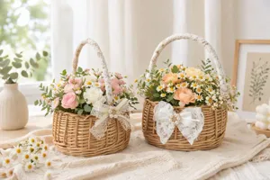 Detailed view of pastoral woven flower basket with lace bow, perfect for home decor and photo prop.