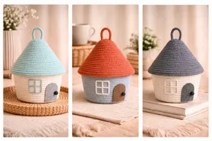 Adorable panier de rangement en corde de coton forme maison avec couvercle pour deco bureau.