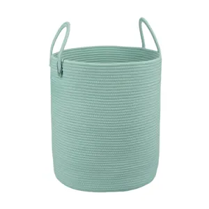 Détails du panier de rangement en corde de coton vert menthe, corbeille à linge tressée.