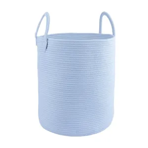 Panier à linge tissé en corde de coton bleu clair boîte de rangement avec poignées.