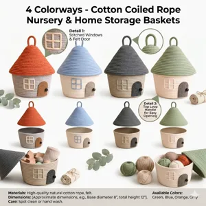 Panier de rangement en corde de coton avec couvercle design maison mignonne organisateur 4 couleurs