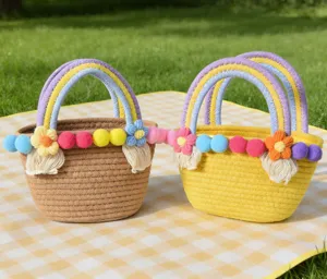 Woven straw handbag detail showcasing rainbow handles and cute pompoms for summer beach.