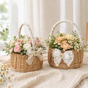 Pastoral Wicker Hand-held Flower Basket With Lace Bow Pearl Decoration For Wedding Flower Girl Picnic Storage Basket Home Decor