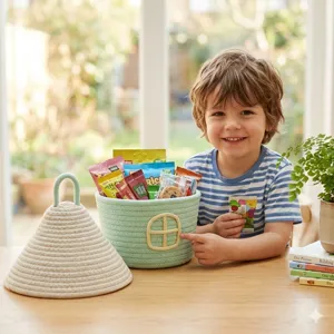 Vue détaillée du panier de rangement en corde de coton avec couvercle dans un décor chaleureux.