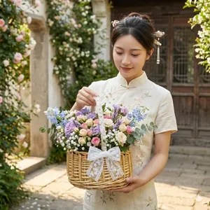 Pastoral woven flower basket with lace bow, perfect for picnic, flower arrangement and photography.