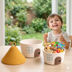 Vue détaillée du joli panier de rangement en corde de coton avec un design de maison.