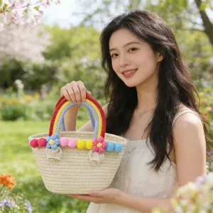 Women Woven Top Handle Bag Handmade Cotton Rope Beach Bag Sweet Floral Pompom Decorative Tassel Resort Straw Style Handbag