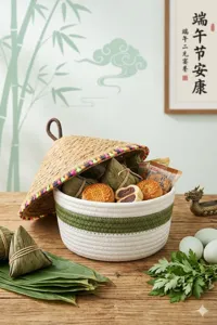 Cotton rope storage basket with straw lid, detail view of woven box with festive gifts.