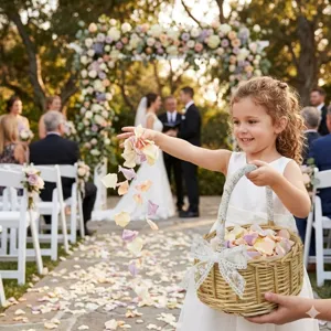 Rustic woven flower basket detail in wedding scene, perfect flower girl prop and pastoral decor.