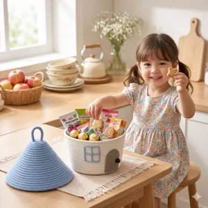 Panier de rangement en coton tissé avec couvercle mignon organisateur de bureau en corde
