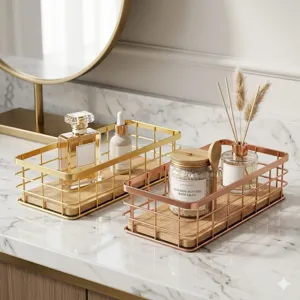 Nordic iron wire storage basket with wooden base, stylish desktop organizer for cosmetics.