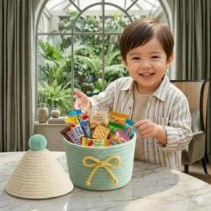 Panier de rangement en corde de coton tissé avec couvercle, joli rangement de bureau.