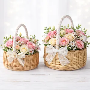 Detailed view of woven flower baskets with delicate lace bows and vibrant floral arrangements inside.