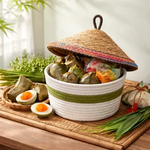 Woven cotton rope storage basket with straw lid, perfect for home organization and gifts.