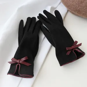 Women touch screen suede gloves with bow detail, warm fleece lining for winter driving cycling.