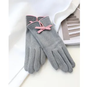 Women autumn winter touch screen warm gloves grey suede with pink bow for driving cycling