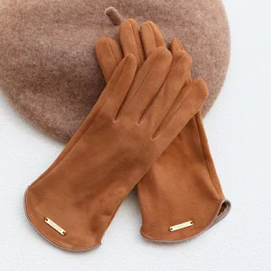 Brown faux suede warm winter gloves for women, stylish windproof fleece lined gloves.