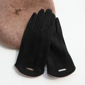 Black faux suede winter warm gloves with metal detail, soft plush lining for daily commute.