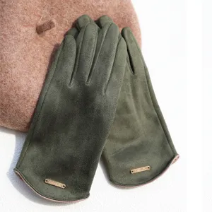 Dark green faux suede winter gloves warm fleece lined stylish commuting gloves for women