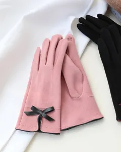 Fleece-lined touchscreen gloves detail with black bow, soft and warm winter wear design.