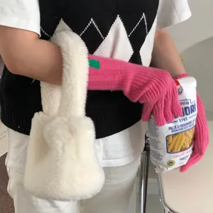 Guantes de punto cálidos de invierno para mujer color sólido manga larga bolso felpa