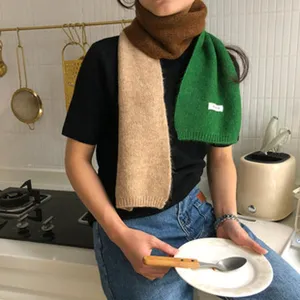 Gedetailleerd uitzicht op winterse color-block gebreide sjaal, zacht, dik en warm voor koud weer.