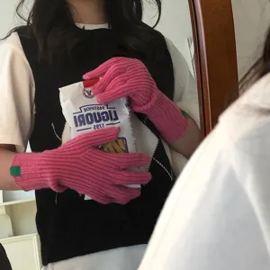 Guantes de punto cálidos de invierno para mujer color sólido dedos divididos lana