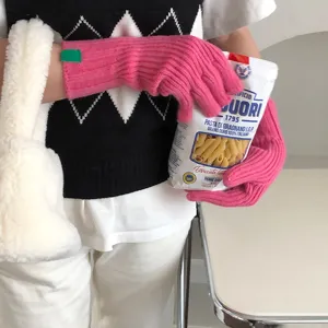 Guantes de punto grueso de invierno para mujer, rosa sólido, diseño de dedos, suaves y cómodos.
