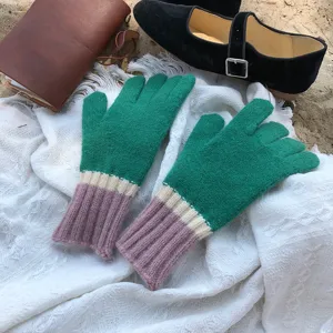Cozy colorblock knit winter gloves, warm touchscreen gloves featuring cute style for outdoor riding.