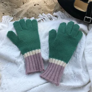 Green colorblock knit gloves winter warm wool gloves full finger cozy mittens for women