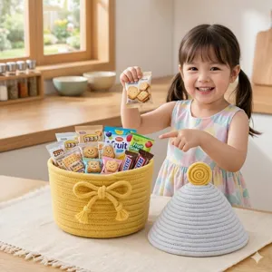 Panier de rangement en corde de coton tisse avec couvercle organisateur de bureau