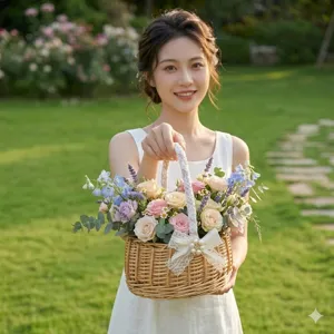 Handmade wicker flower basket with lace bow, rustic pastoral style for home decor and picnic.