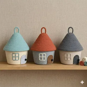 Panier de rangement tressé en corde de coton en forme de maison avec couvercle.