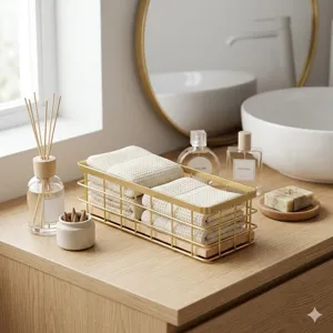 Nordic Iron Art Storage Basket With Wooden Base Desktop Bathroom Rectangular Grid Wire Organizer Bin Gold Small Large