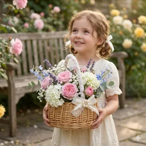 Detailed view of pastoral woven flower basket with pink roses and lace bow, garden decor.