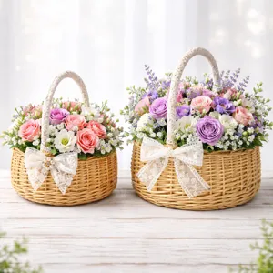 Detail view of pastoral woven flower baskets with lace bows and colorful floral arrangements for decor.