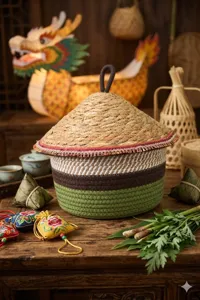 Cotton rope woven storage basket with straw lid, multi-color striped design for home decor.